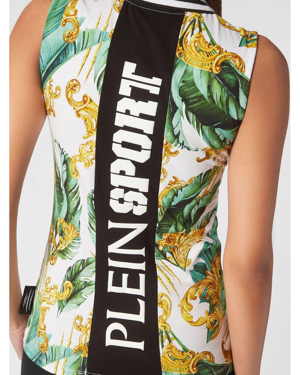 Philipp Plein Green Sleeveless Cotton Polo Shirt With All-Over Baroque Print