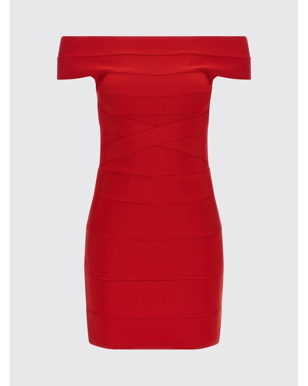ROTATE BIRGER CHRISTENSEN Red Off-The-Shoulder Jersey Sheath Midi Dress With Straight Neckline