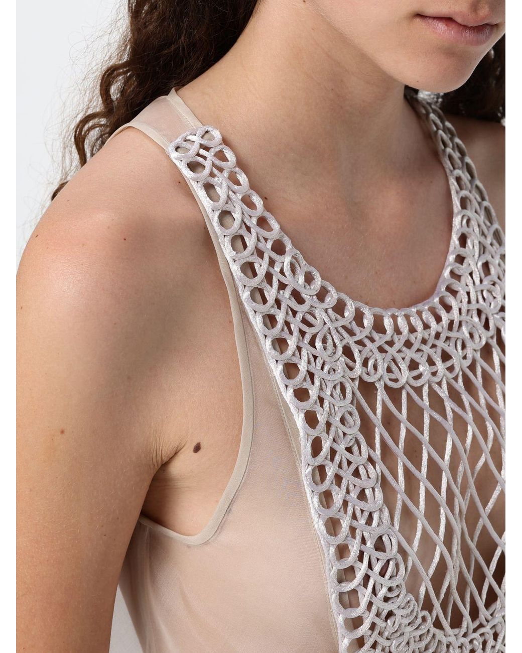 Emporio Armani Natural Tulle Evening Top With Macramé Inserts And Off-The-Shoulder Design