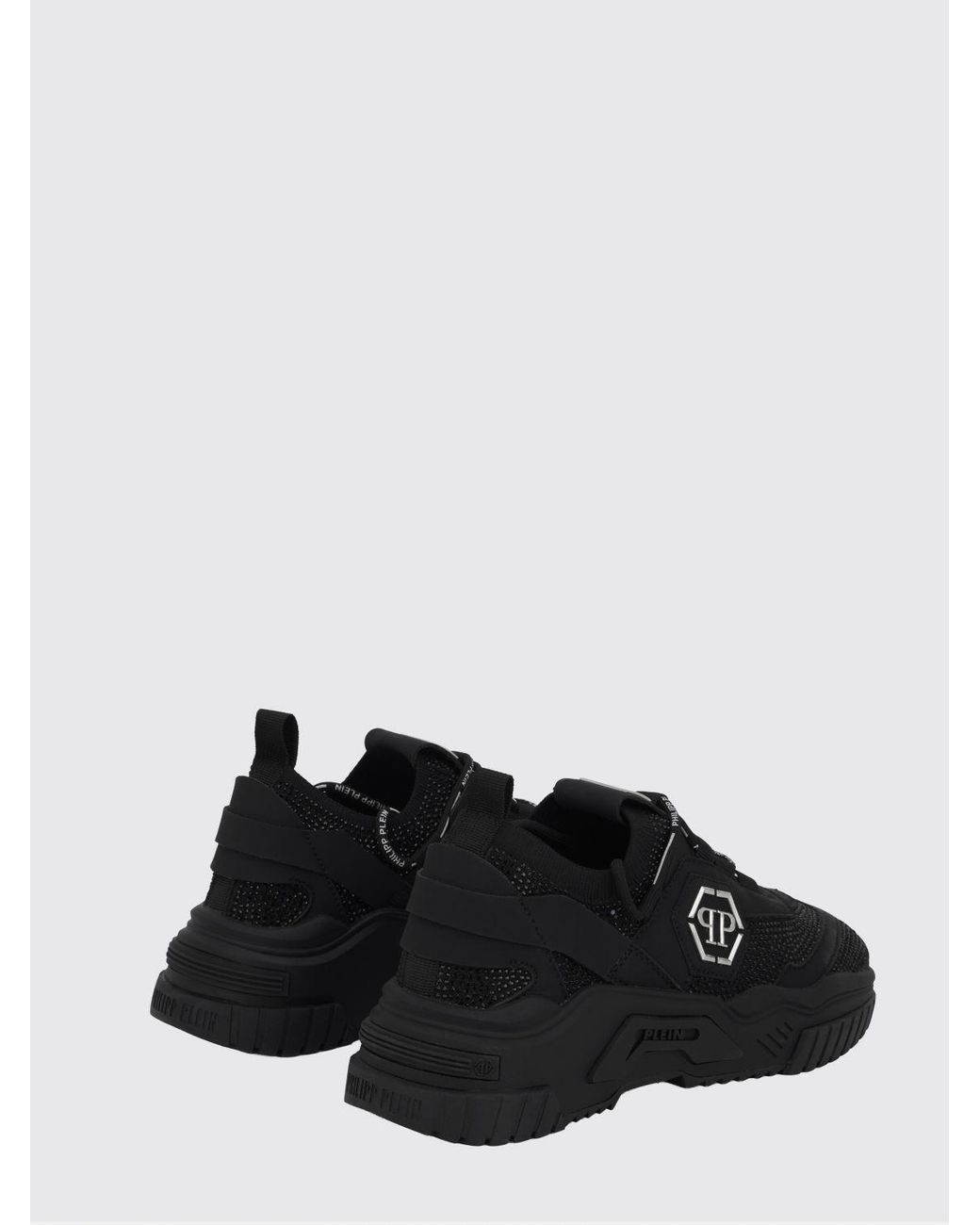 Philipp Plein Black Low-Top Leather And Stretch Viscose Sneakers With Monogram And Rhinestones for men