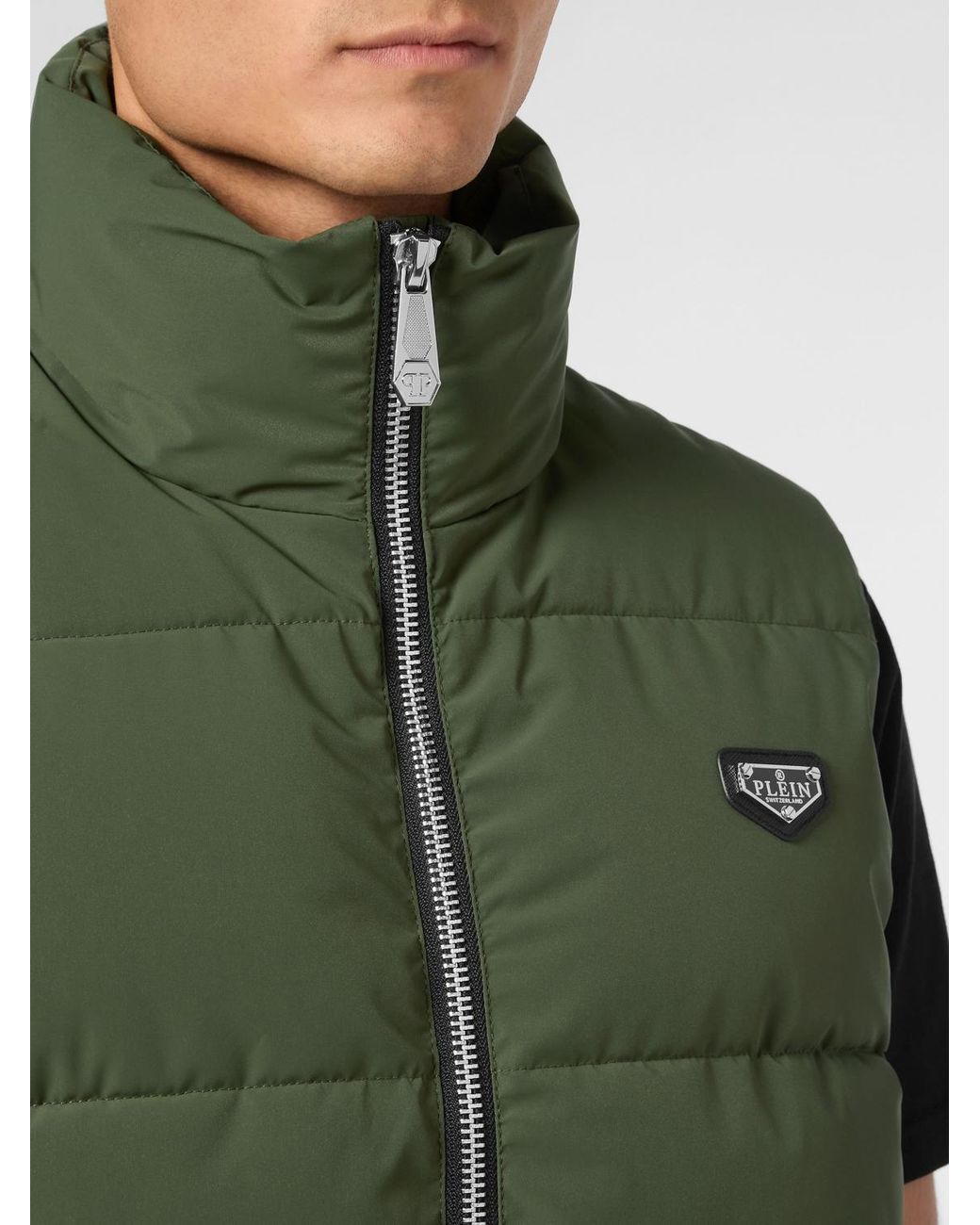 Philipp Plein Green High Neck Padded Technical Fabric Vest With Zip for men