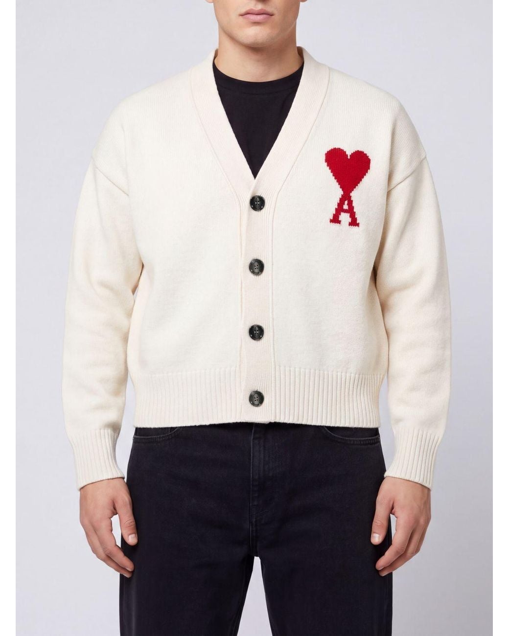 AMI White V-Neck Wool Cardigan With Contrast Logo for men