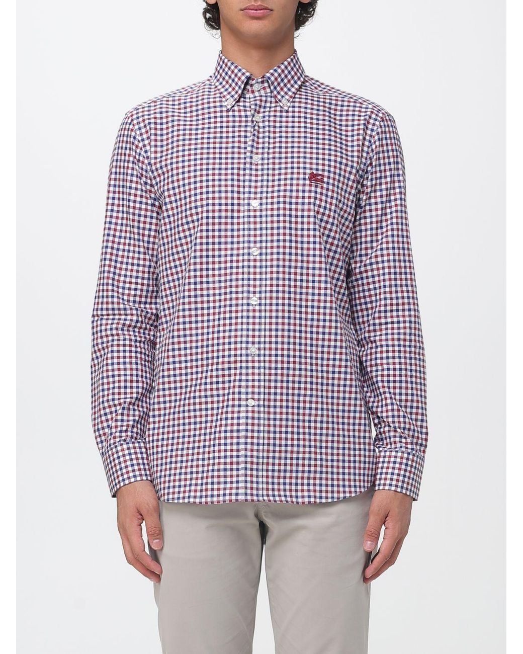 Etro Purple Vichy Pattern Cotton Shirt With Button-Down Collar for men