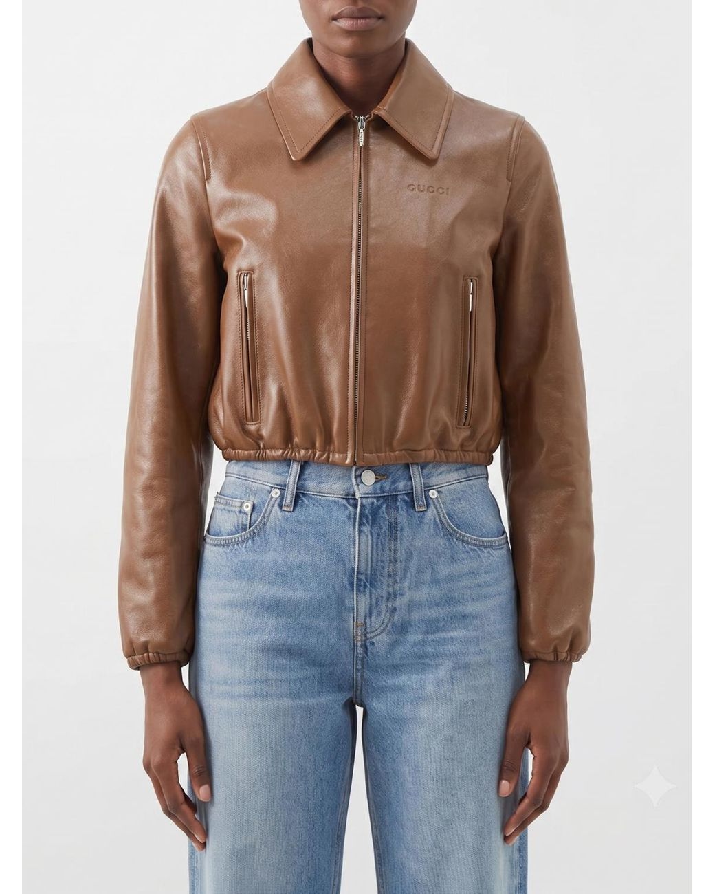 Gucci Blue Cropped Lamb Leather Jacket With Zip Closure