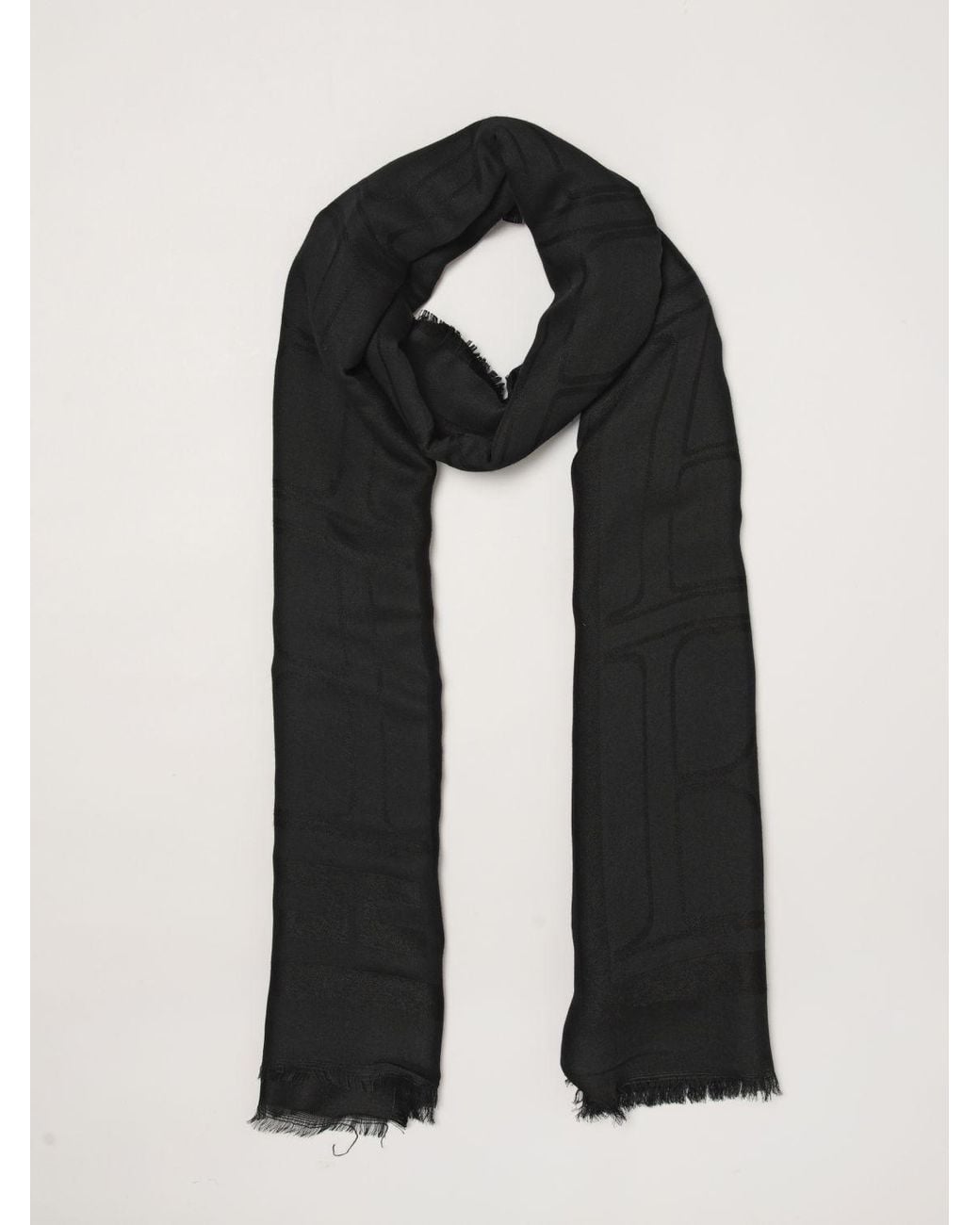 Elisabetta Franchi Black Modal And Viscose Scarf With Jacquard Logo And Fringed Edges
