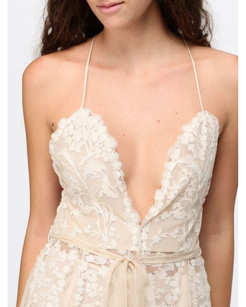 Fendi Natural Silk Georgette Long Evening Gown With V-Neck And Lace Inserts