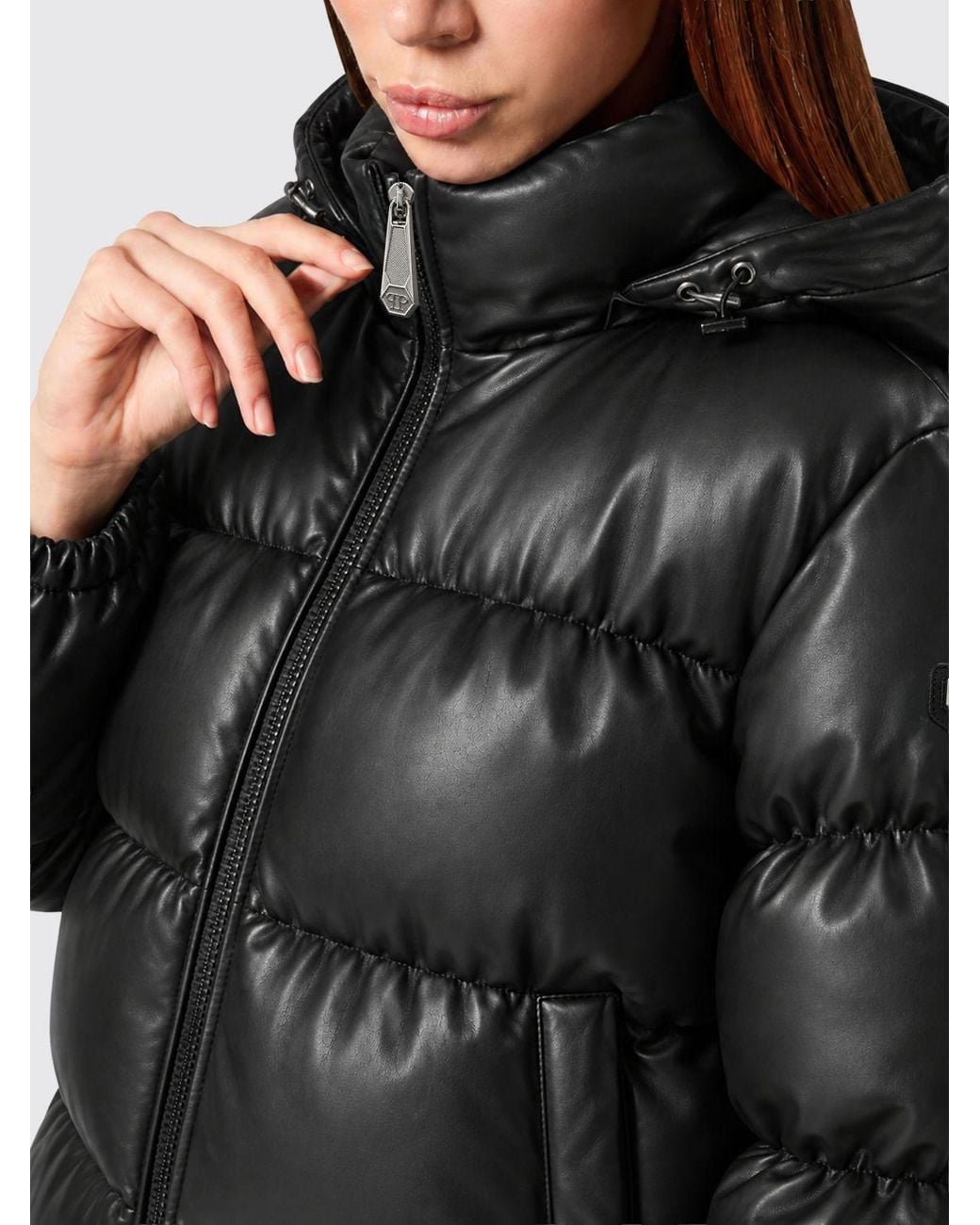 Philipp Plein Black Short Quilted Synthetic Leather Puffer Jacket With Hood