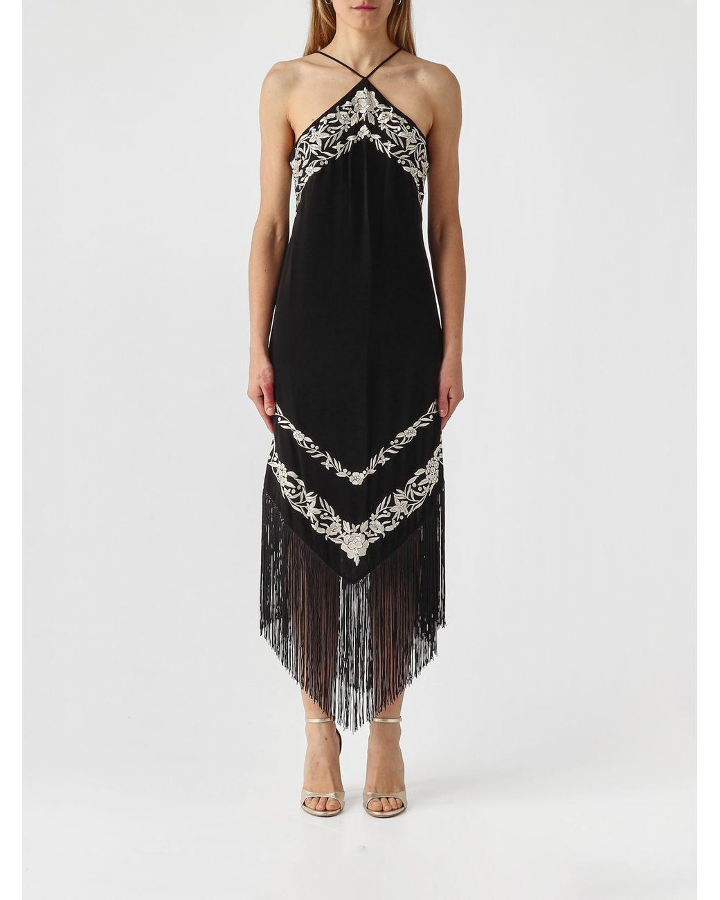 Twinset Black Asymmetric Viscose Dress With Fringes