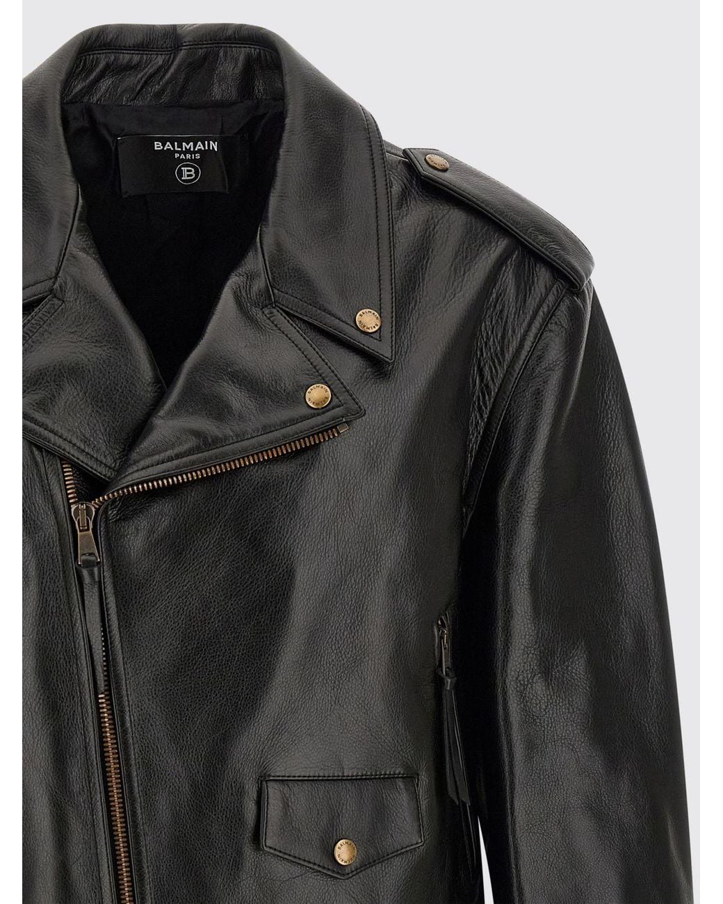 Balmain Black Smooth Leather Biker Jacket With Lapel Collar And Asymmetrical Zip for men