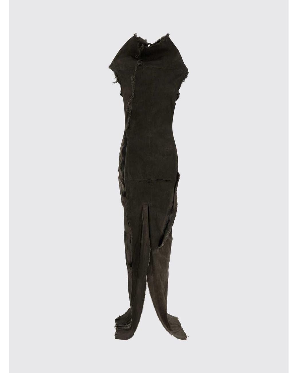 Rick Owens Black Asymmetric Distressed Denim Long Dress With Slit