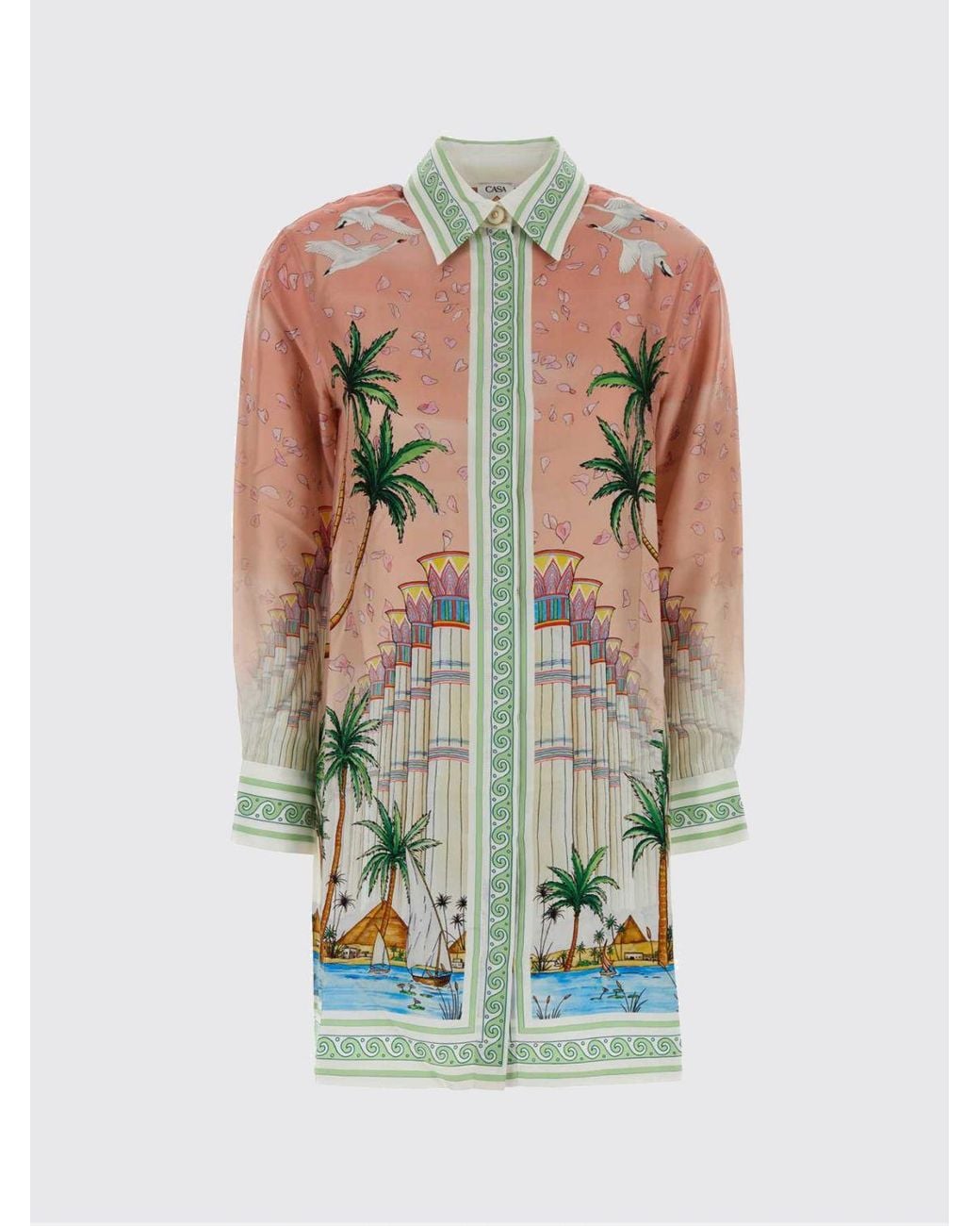 Casablanca Multicolor Long-Sleeved Silk Mini Shirtdress With Tropical Floral Print