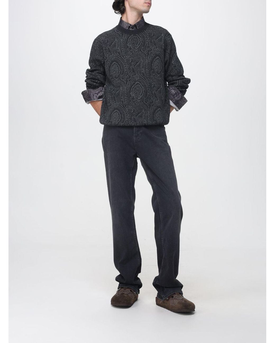 Etro Blue Paisley Print Cotton Shirt With French Collar for men