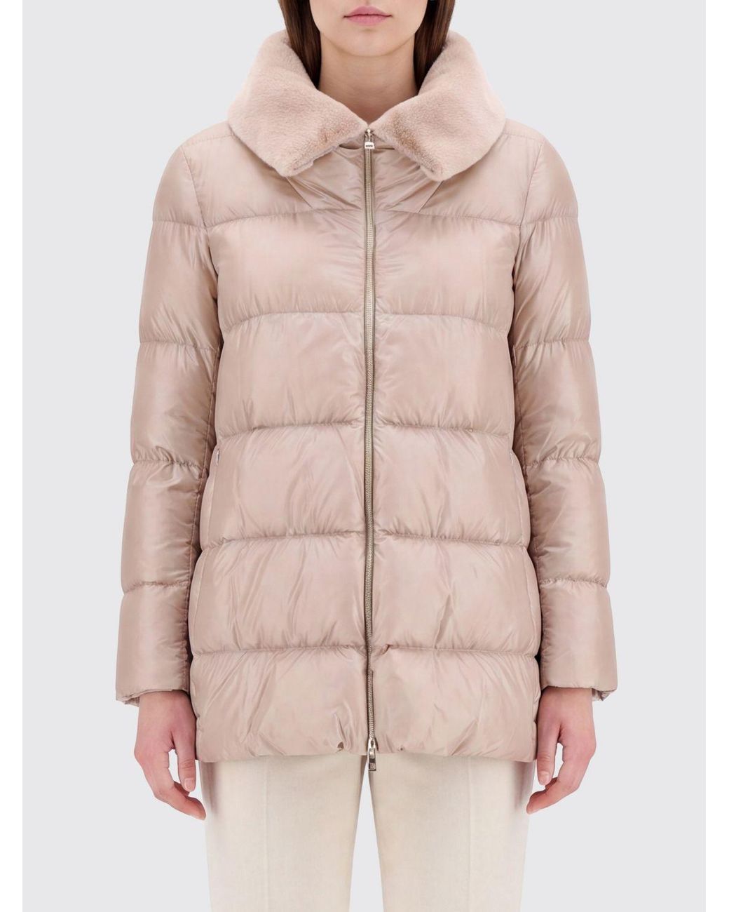 Herno Natural Water-Repellent Quilted Nylon Short Down Jacket With Fur Collar