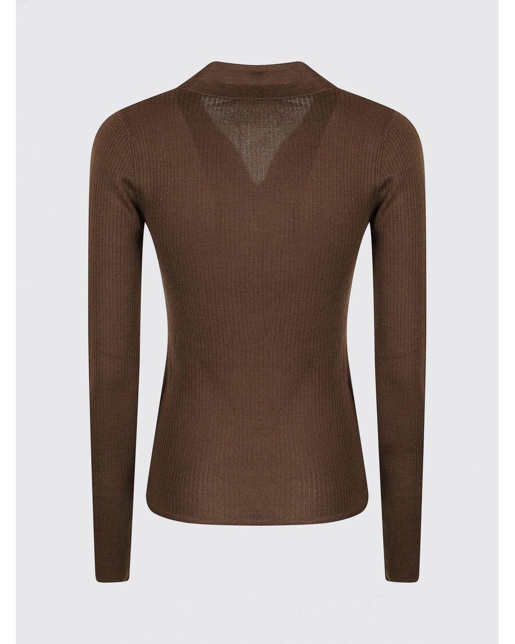 Max Mara Brown Ribbed Silk And Cashmere Knit Polo With V-Neck And Slim Fit
