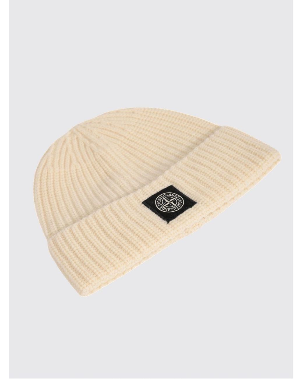Stone Island Natural Ribbed Virgin Wool Beanie Hat With Compass Logo for men