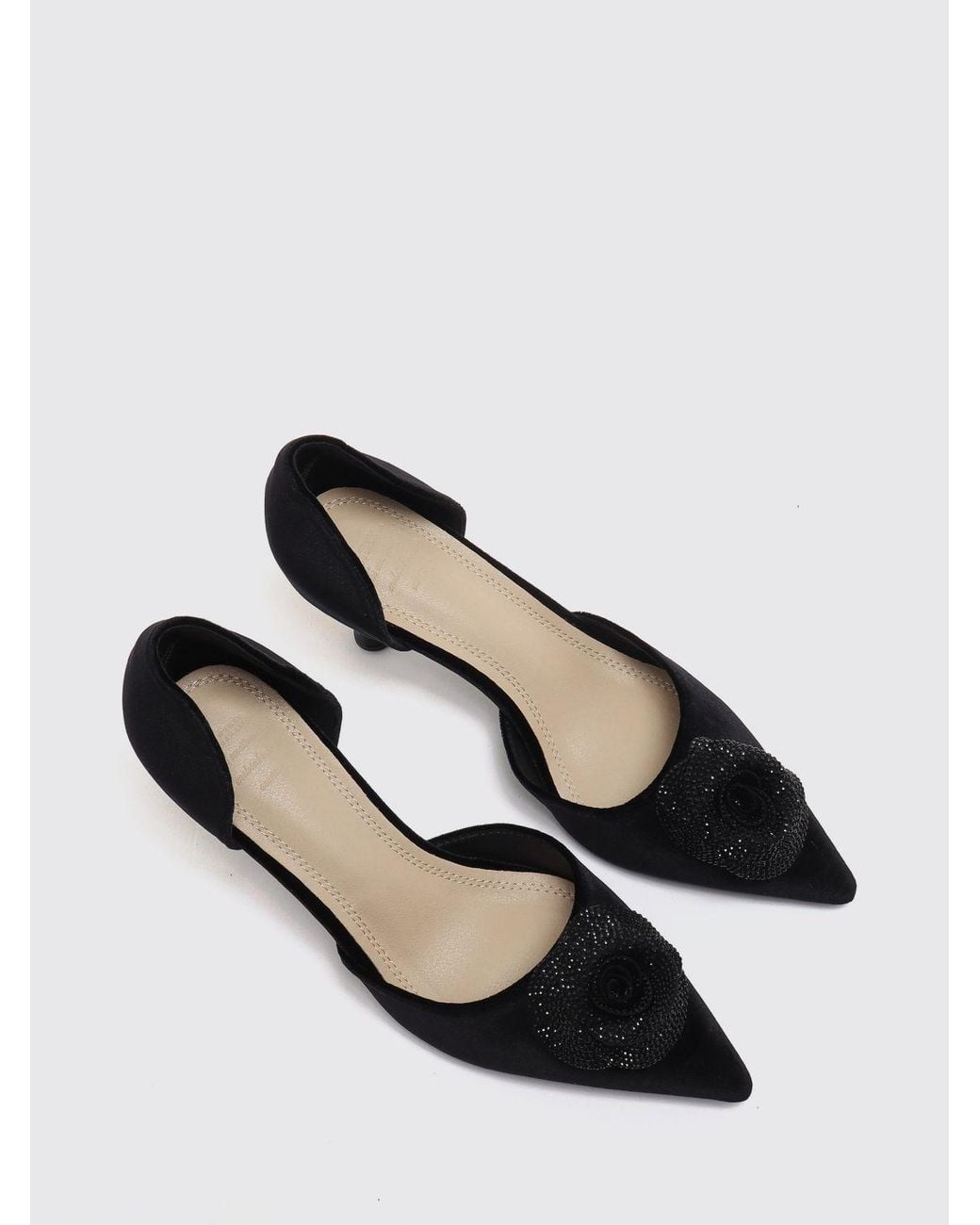 Twentyfourhaitch Black Suede Faux Leather Pumps With Rhinestones And Stiletto Heel