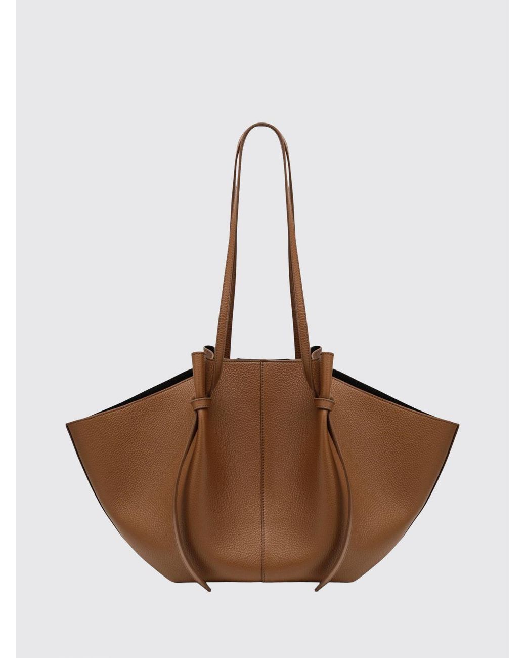 Yuzefi Brown Mochi Hammered Leather Flared Shoulder Bag With Laminated Logo