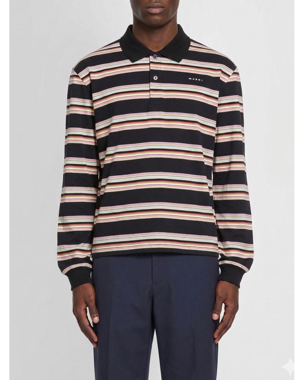Marni Blue Long-Sleeved Striped Cotton Polo Shirt With Contrast Logo for men