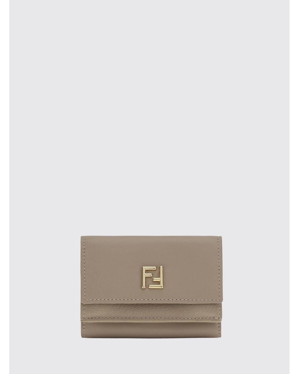 Fendi Natural Tri-Fold Leather Wallet With Ff Monogram And Snap Button Closure