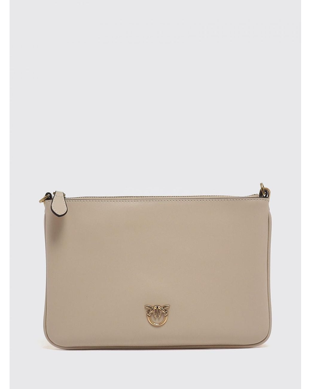Pinko Natural Love Bag Simple Leather Clutch With Chain-Link Strap And Love Birds Logo