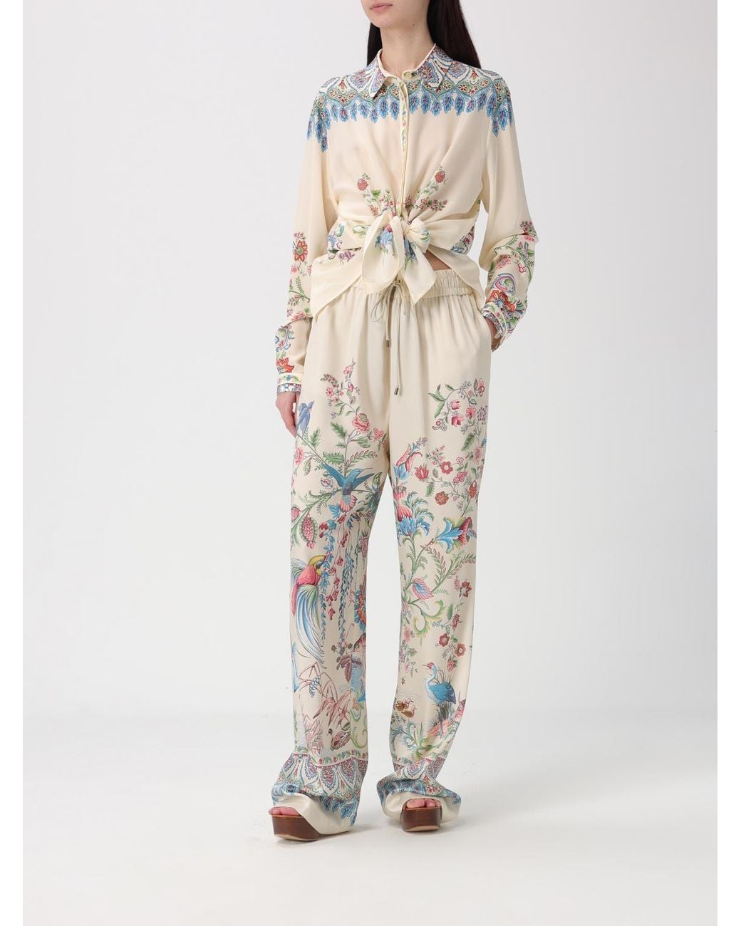 Etro White Floral Silk Trousers