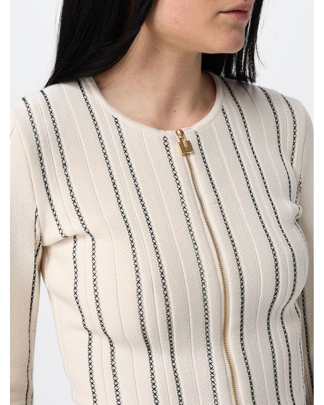 Elisabetta Franchi White Striped Slim Fit Cardigan With Crew Neck And Zip Closure