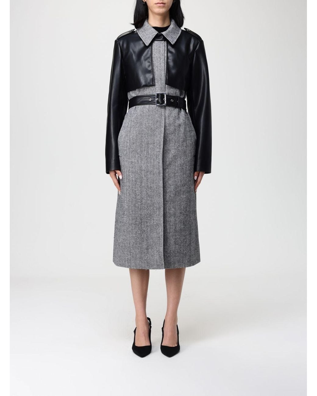 Karl Lagerfeld Gray Belted Herringbone Coat