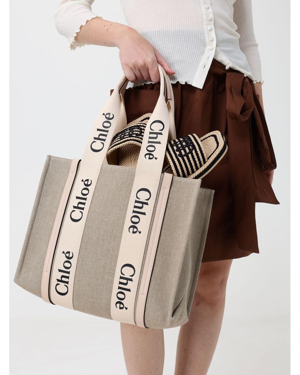 Chloé Natural ChloÉ Woody Linen Tote Bag With Printed Logo And Double Handle