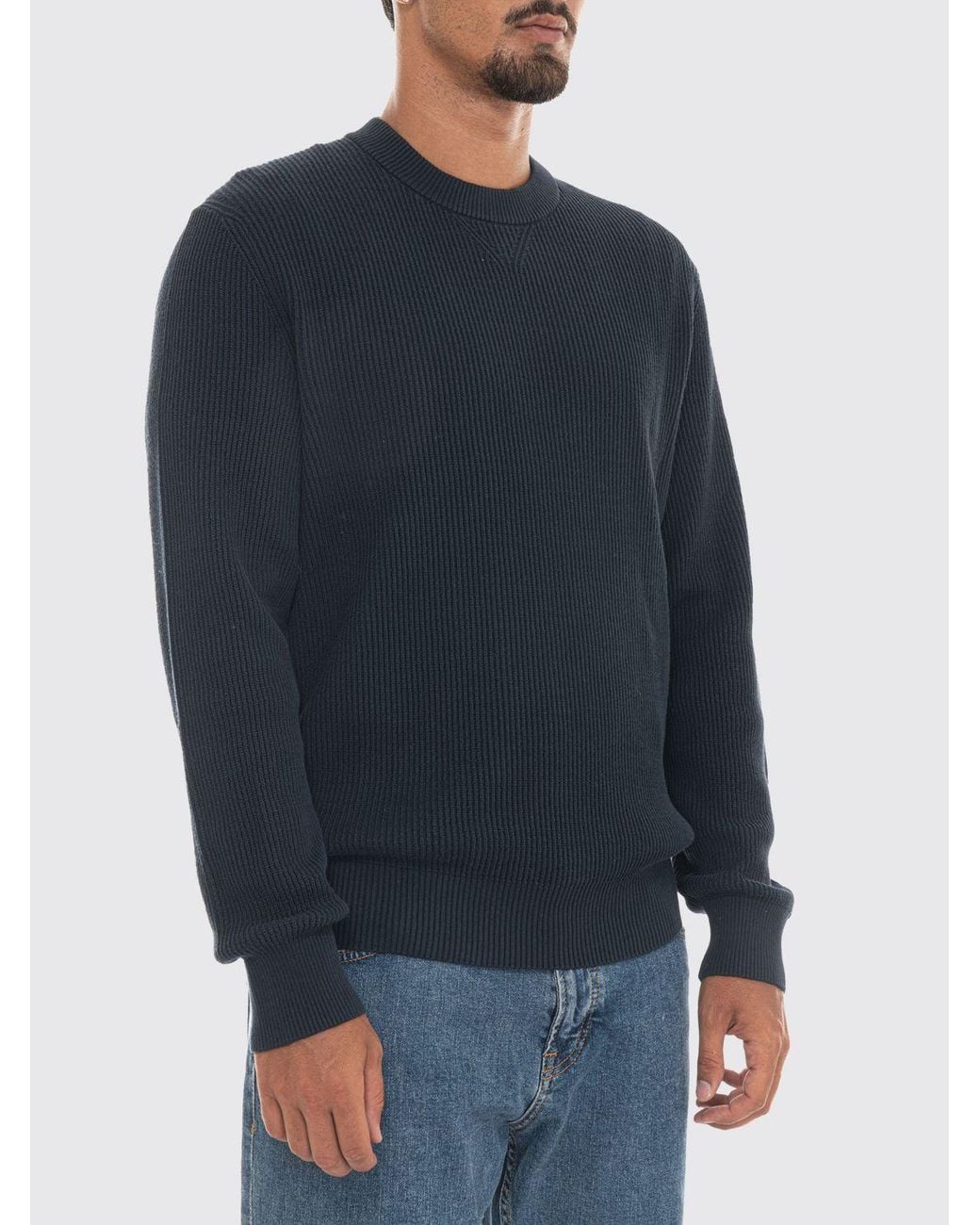 Boss Blue Crewneck Cotton Blend Jumper With Ribbed Trims for men