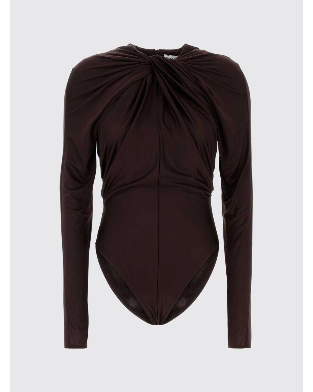 Balmain Brown Long-Sleeved Viscose Bodysuit With Draping And Lace Inserts
