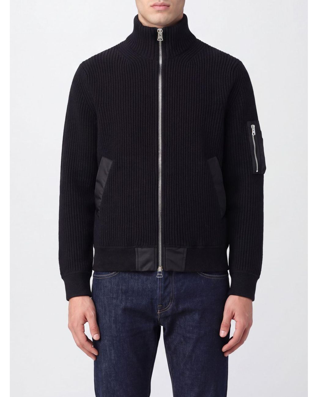 Sacai Blue Turtleneck Wool Cardigan With Zip Closure And Slit Pockets for men