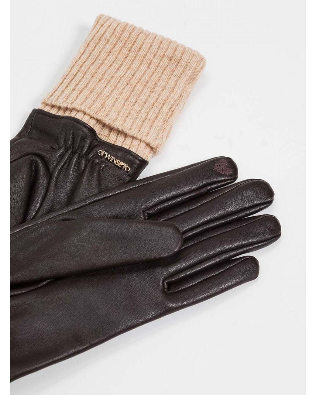 Twinset Black Leather And Wool Blend Gloves With Ribbed Cuffs