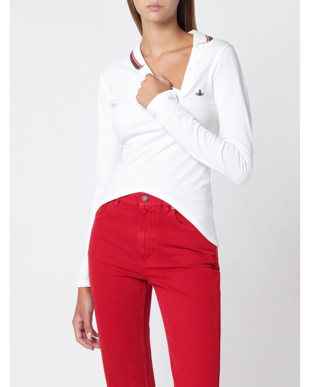 Vivienne Westwood Red Asymmetrical Long-Sleeved Cotton Polo With Orb Logo