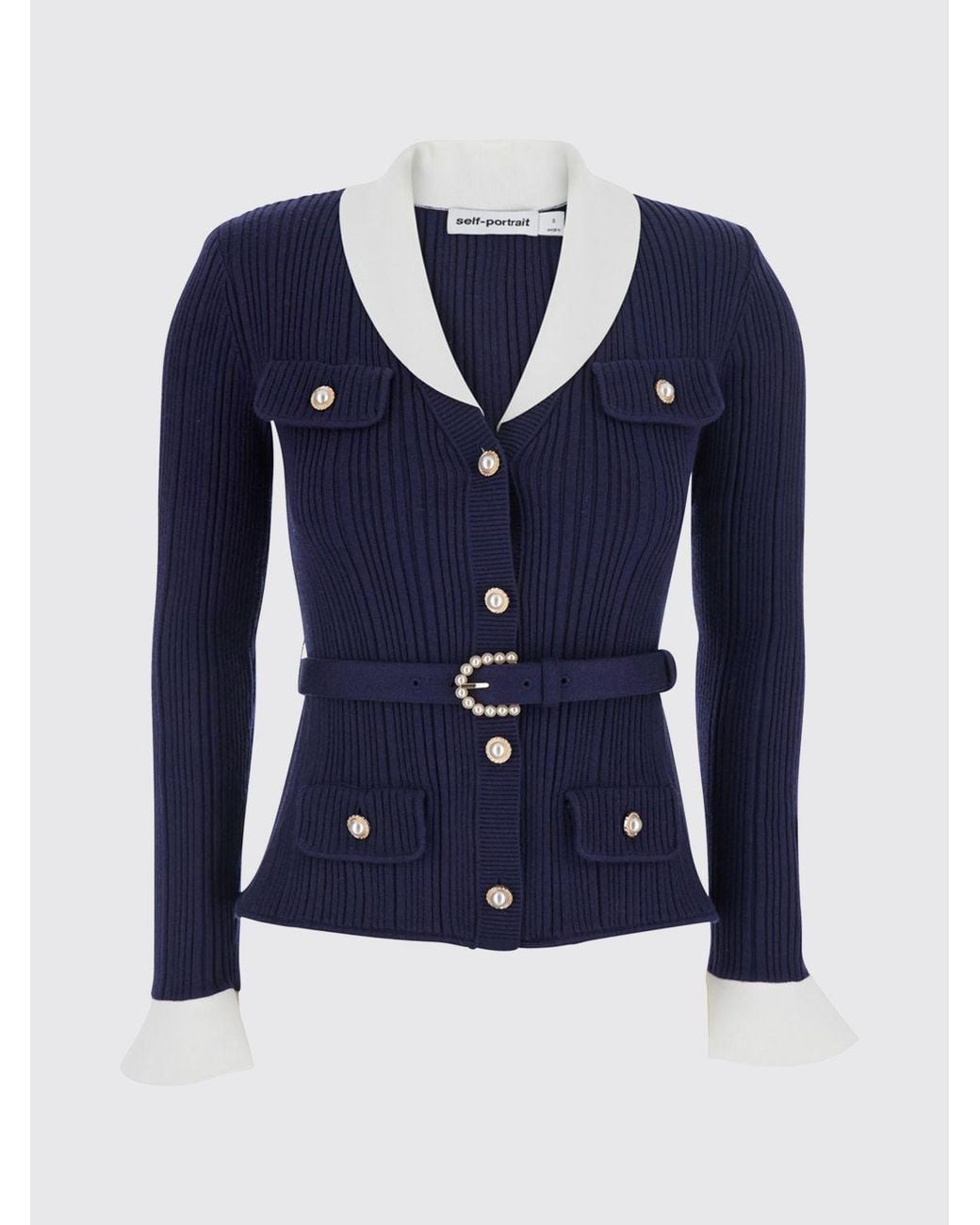 Self-Portrait Blue Slim Fit Ribbed-Knit Cardigan With Lapels And Belt
