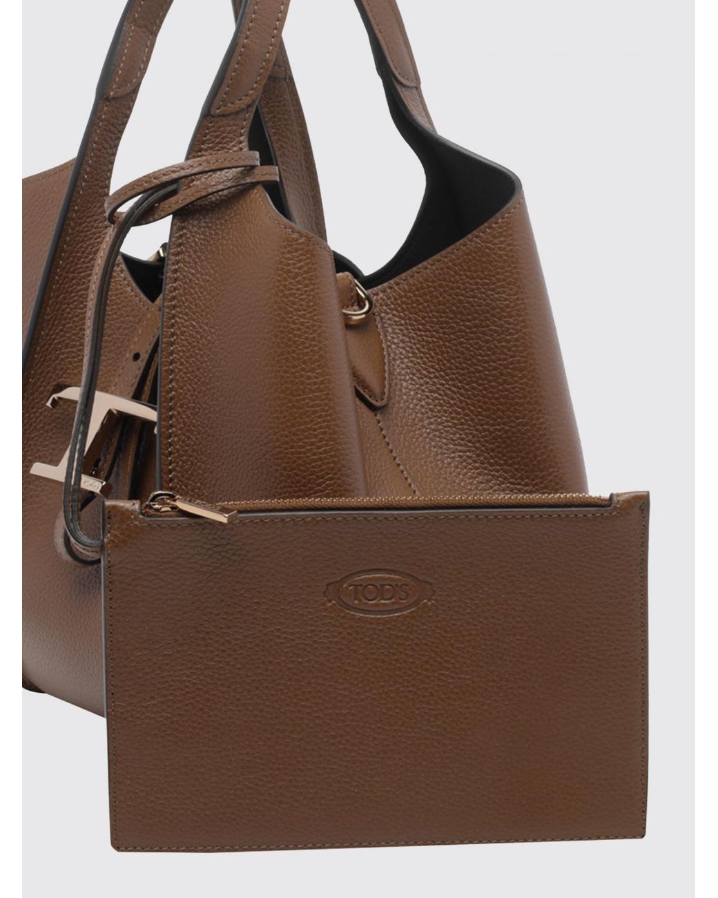 Tod's Brown T Timeless Grained Leather Handbag With Metal Logo