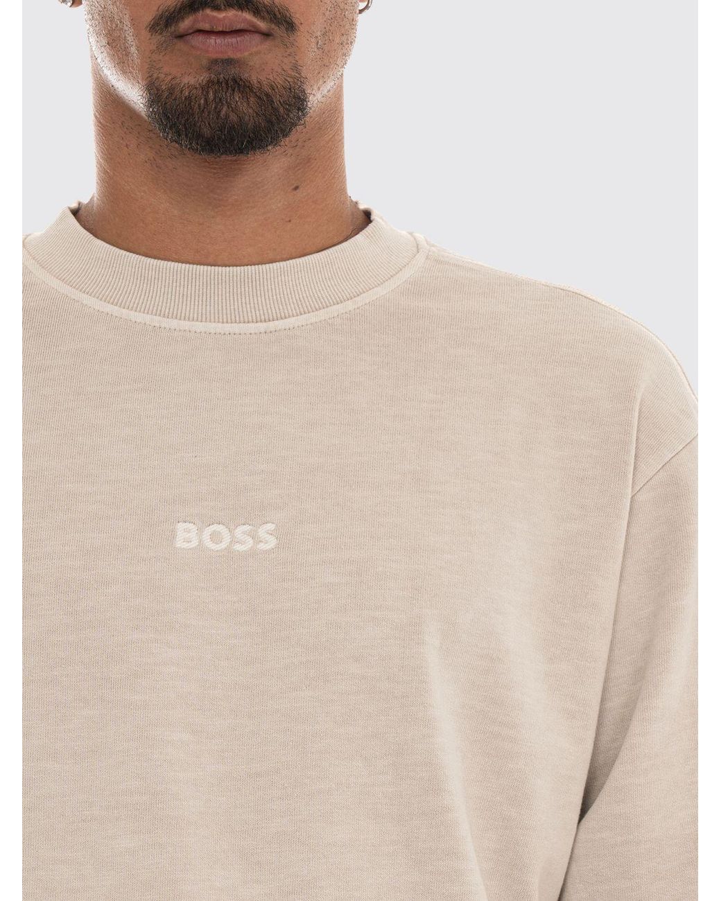 Boss Natural Crewneck Cotton Jumper With Contrast Logo And Dropped Shoulders for men