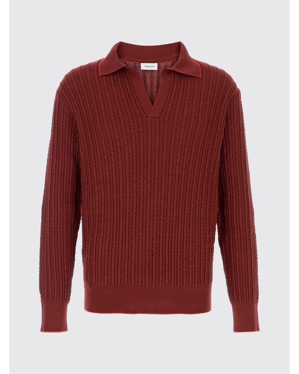 Ferragamo Red Long-Sleeved Slim Fit Cotton And Silk Knit Polo for men
