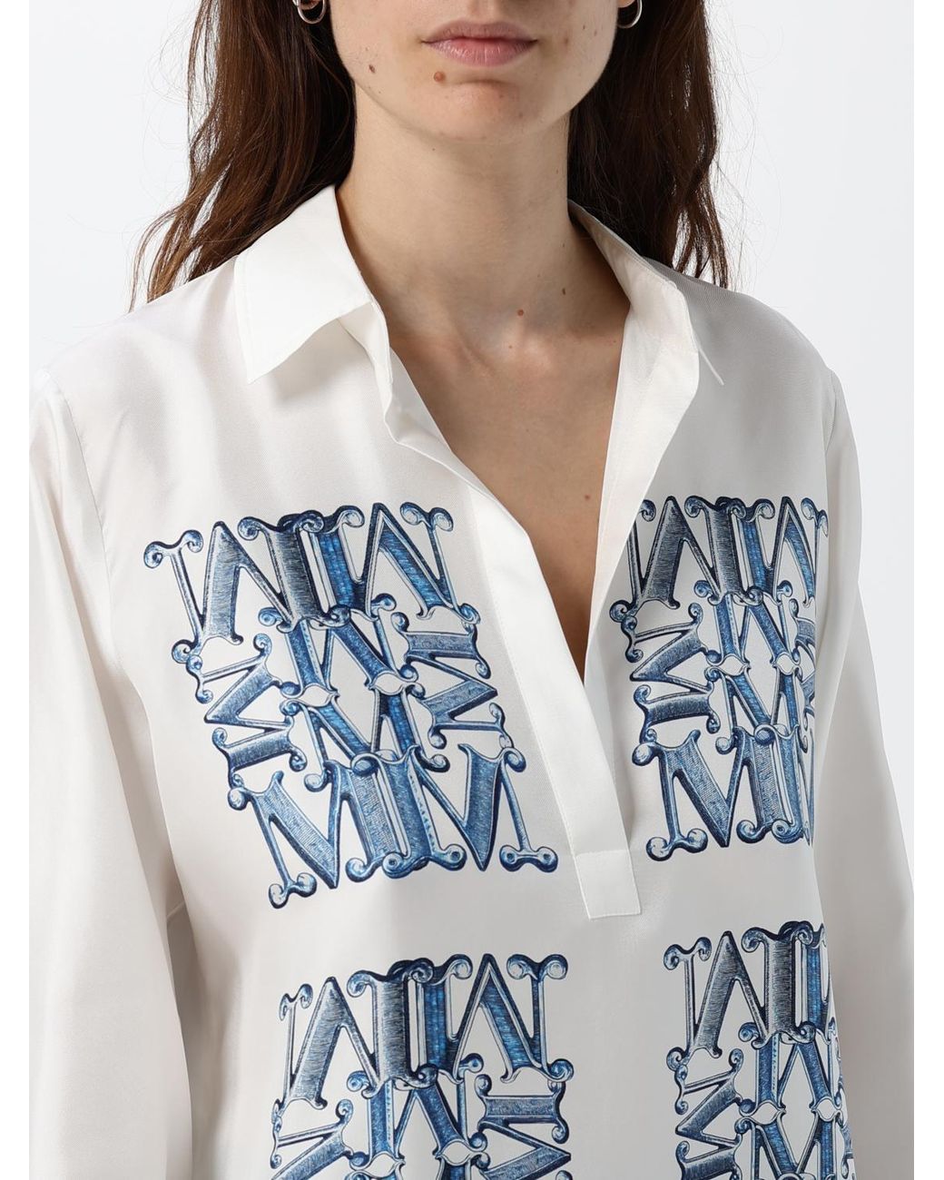 Max Mara Gray Monogram Print Silk Shirt With Classic Collar