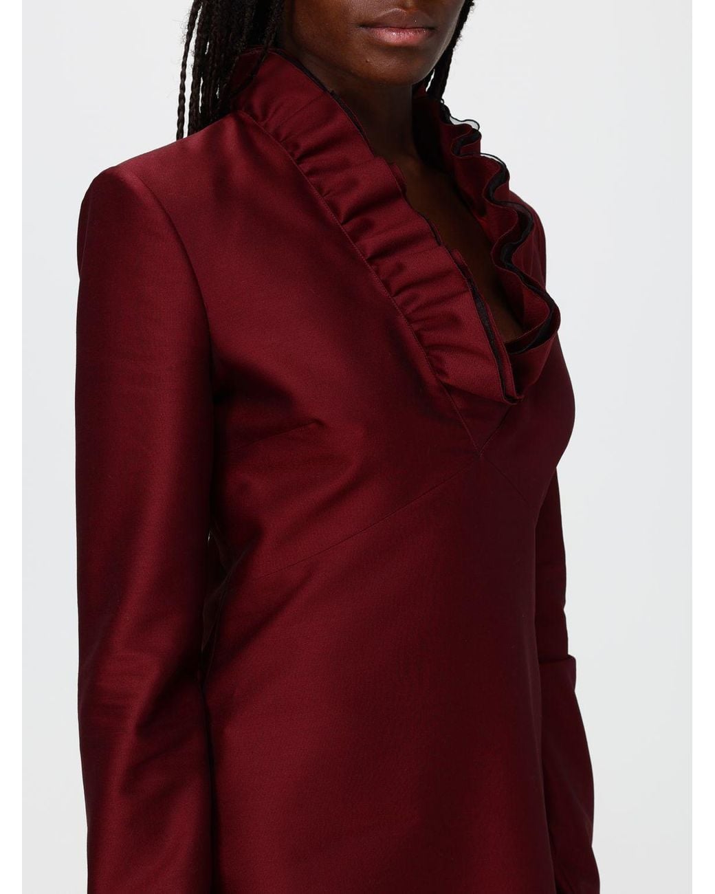 Alberta Ferretti Red Long-Sleeve Satin Mini Dress With A V-Neck And Ruffle Collar