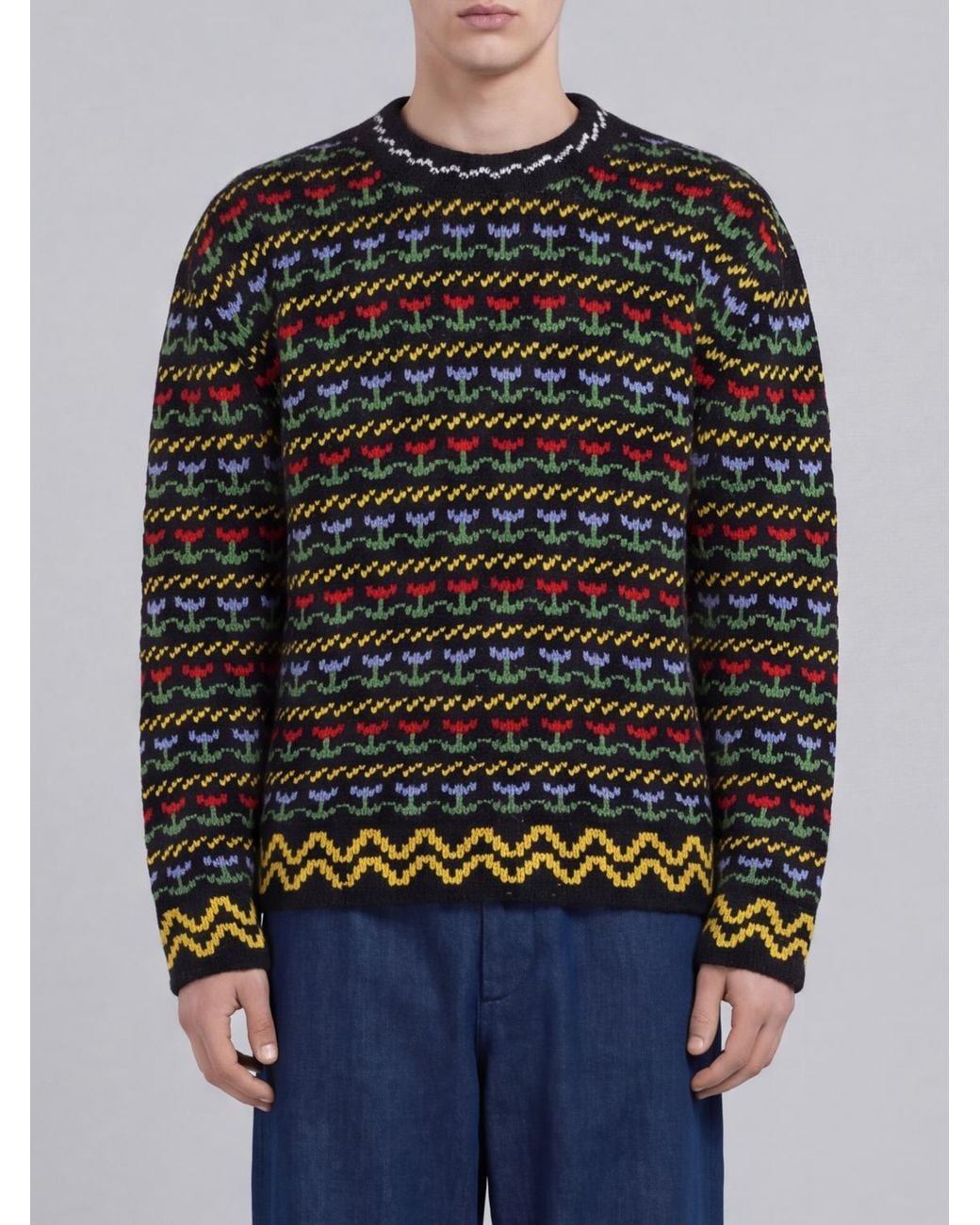 Marni Black Floral Jacquard Crew Neck Jumper for men