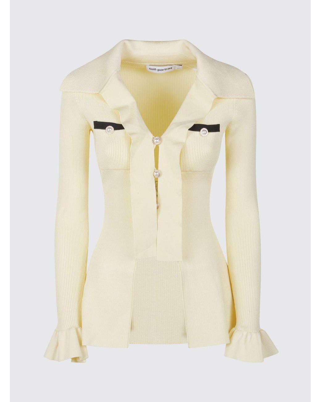 Self-Portrait Natural V-Neck Ribbed Viscose Cardigan With Jewelled Buttons