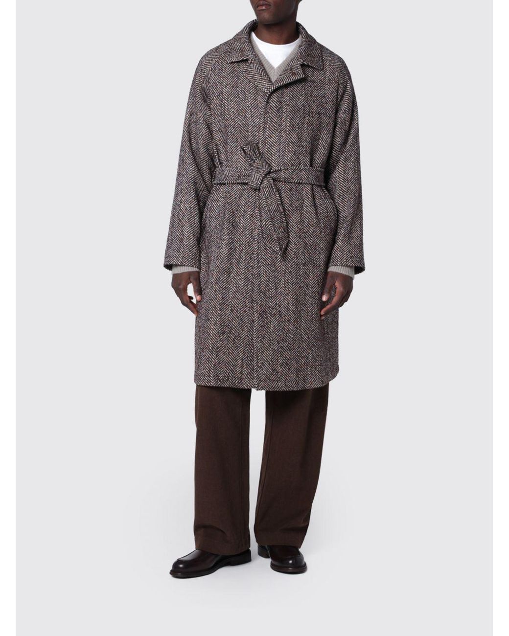 Tagliatore Gray Chevron Pattern Wool Blend Belted Robe Coat for men
