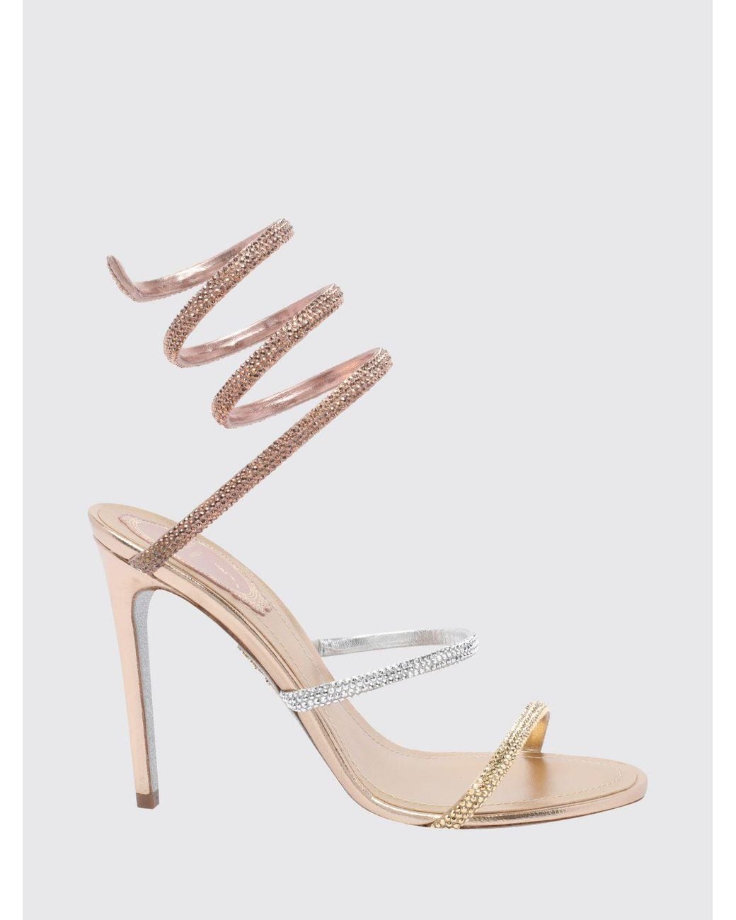 Rene Caovilla Natural Cleo Laminated Fabric Sandals With Rhinestones And Snake Strap