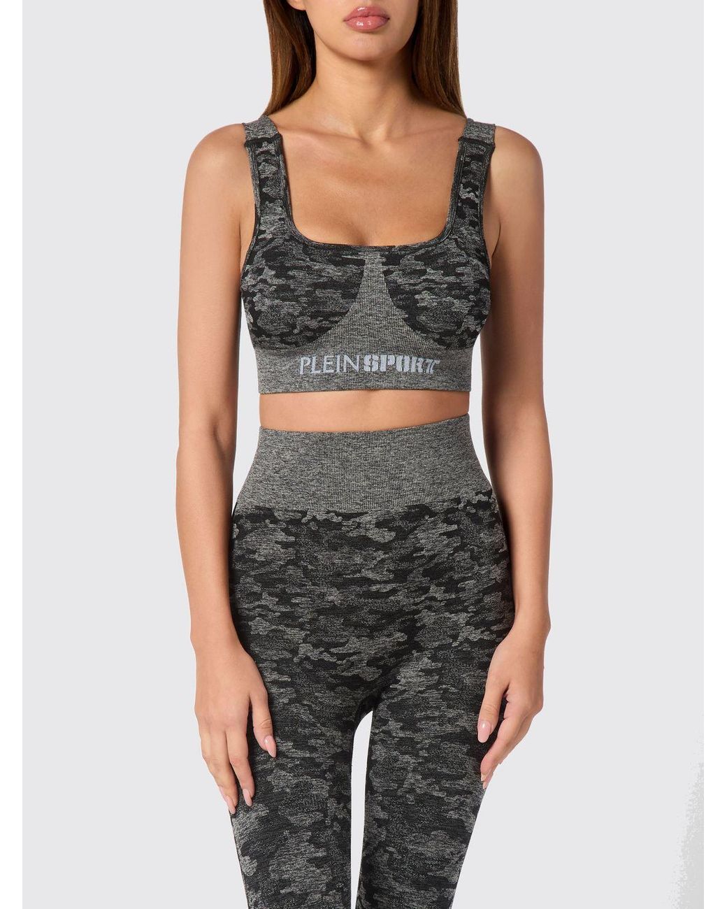 Philipp Plein Black Camouflage Print Cropped Jersey Sports Top With Thin Straps