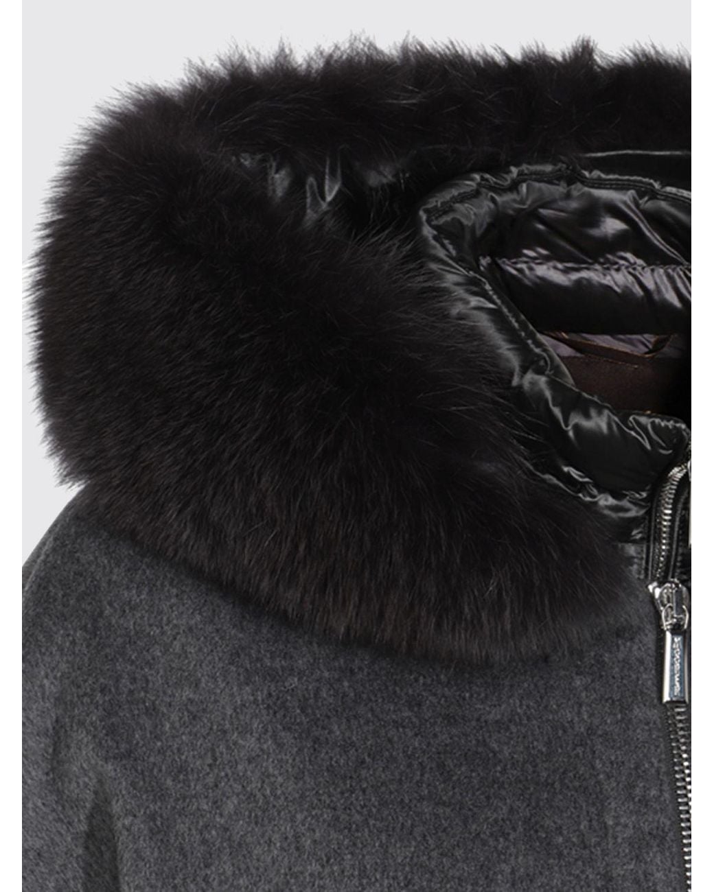 Moorer Blue Short Wool And Cashmere Coat With Shearling Hood