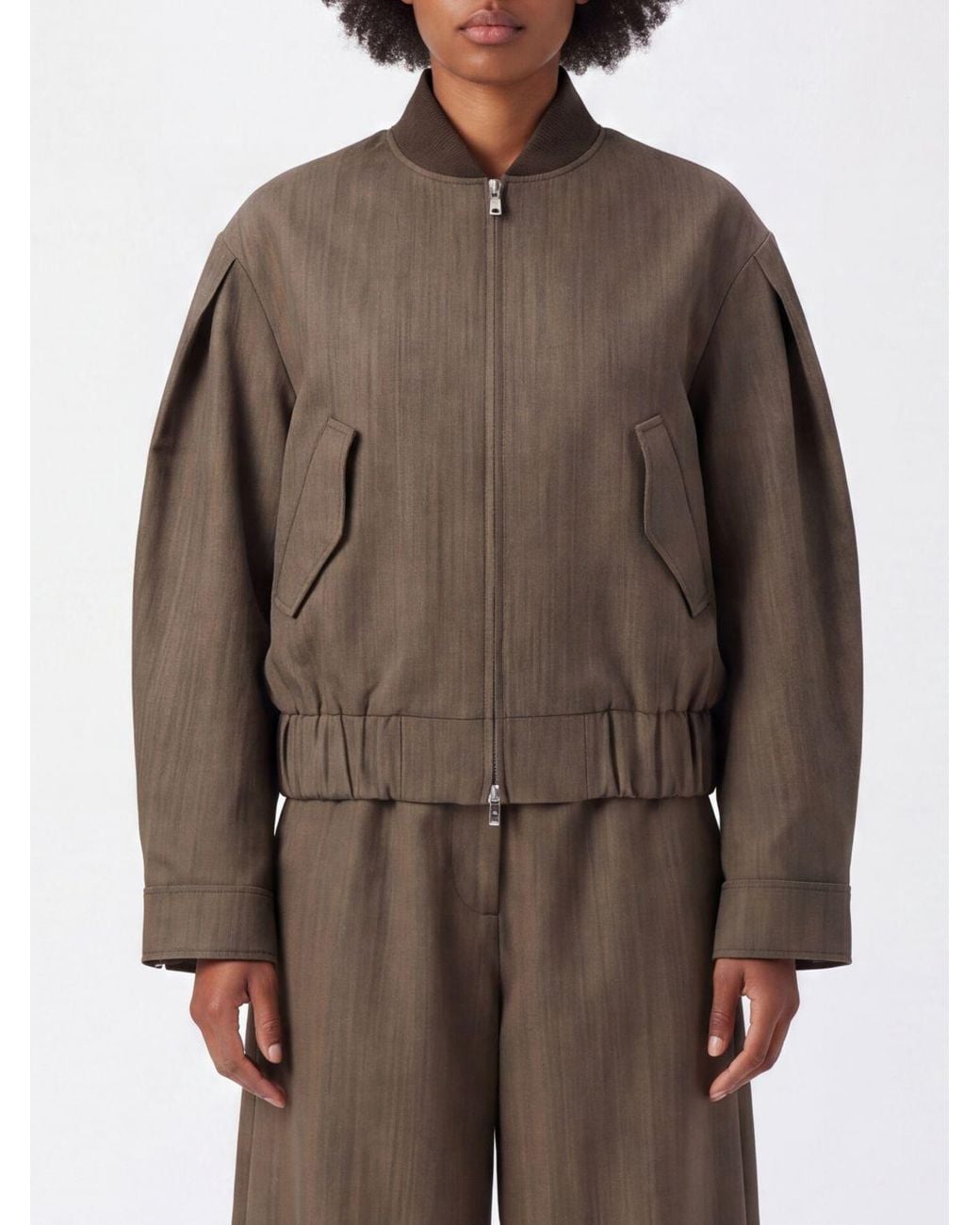 Ganni Brown Relaxed Fit Merino Wool Cropped Bomber Jacket With Zip Closure