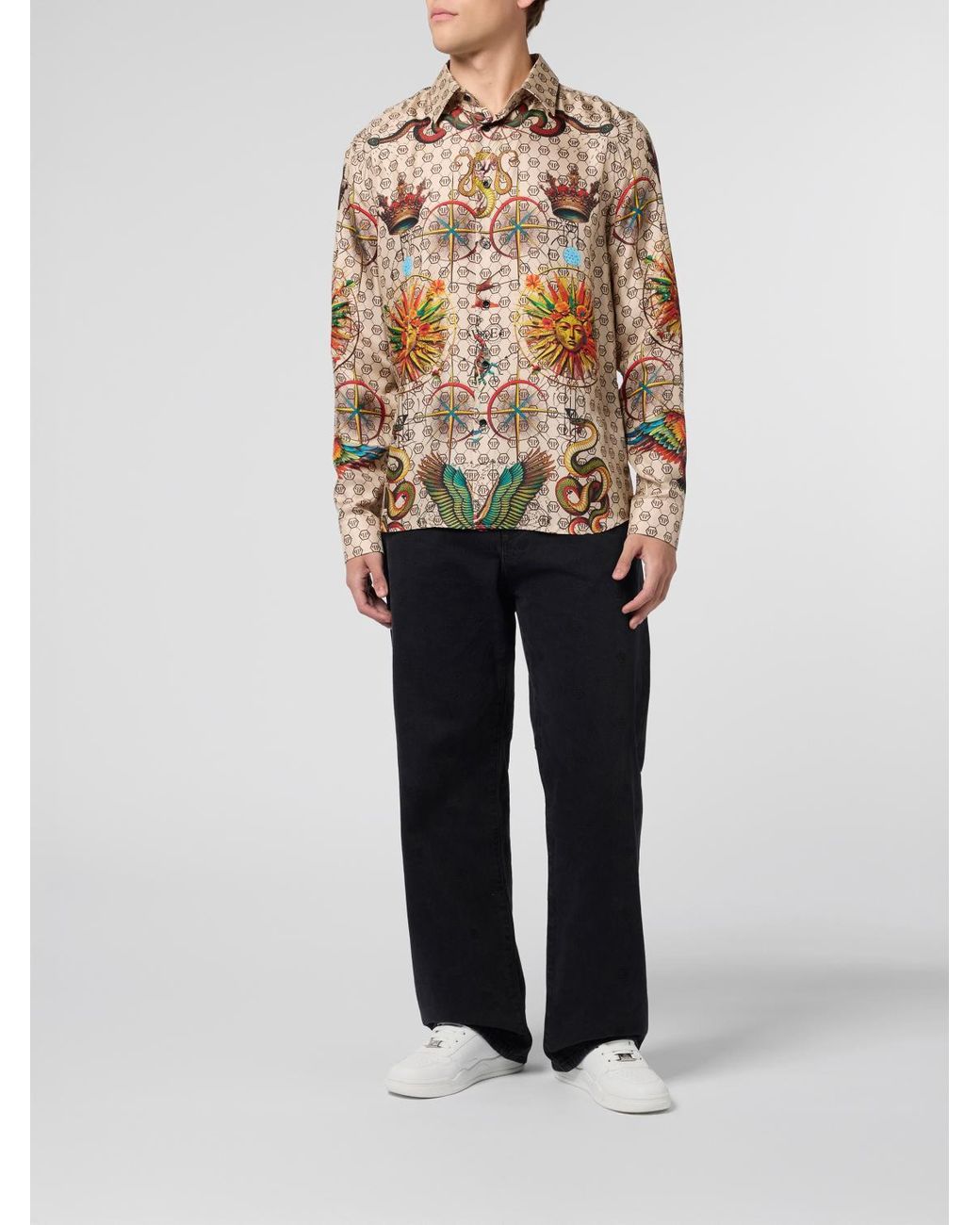 Philipp Plein Natural Silk Shirt With Monogram And Graphic Prints for men