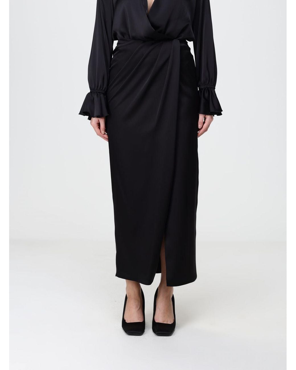 Hanita Black Draped High-Waisted Satin Long Pencil Skirt