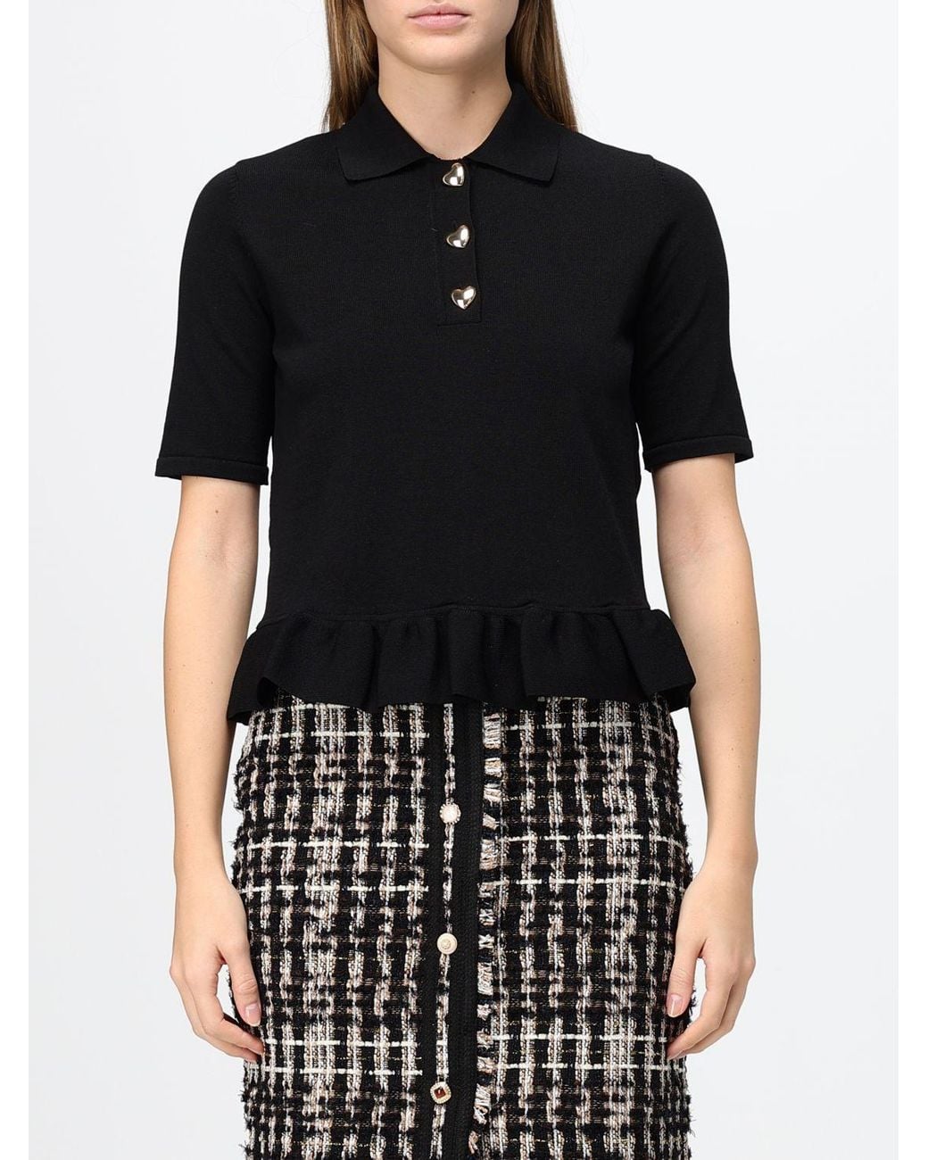 Twinset Black Slim Fit Short-Sleeved Knit Polo Shirt With Ruffled Hem And Heart