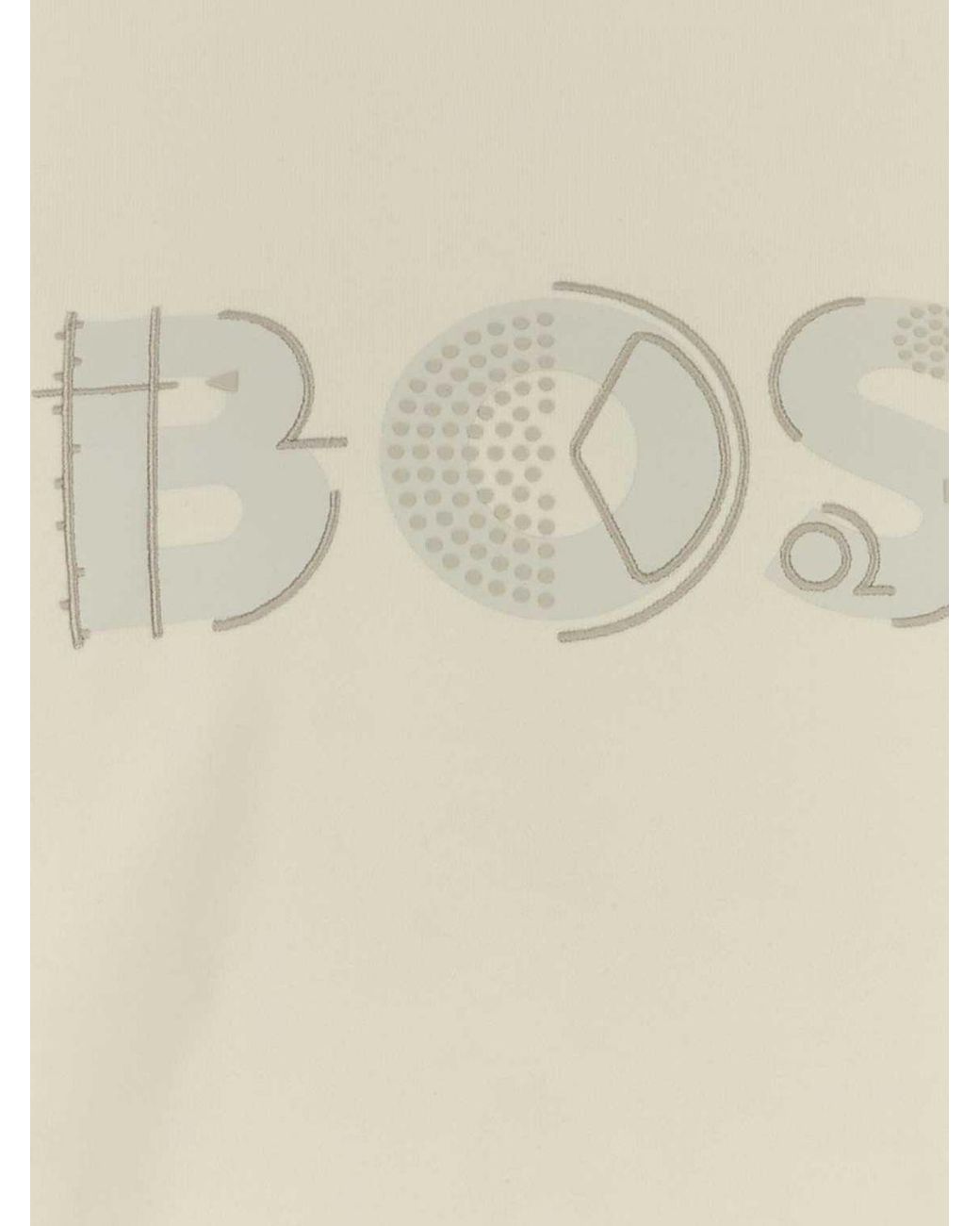 Boss White Printed Logo Cotton Crewneck Sweatshirt With Ribbed Trims for men
